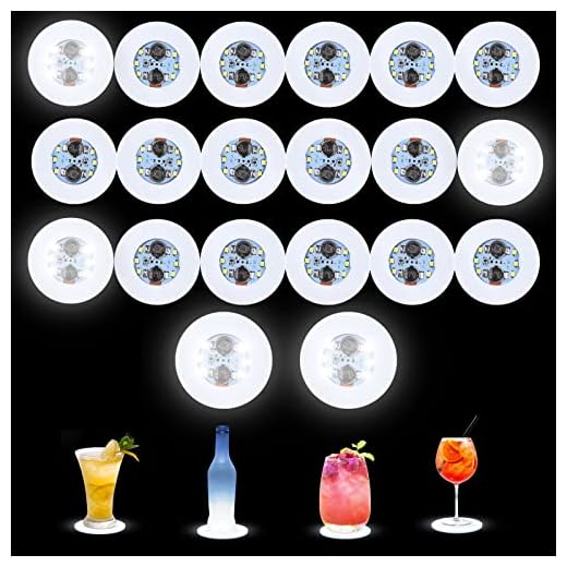 20 posavasos LED blancos, luces LED adhesivas, lámpara LED súper brillante con 6 cuentas de luz, posavasos de bebidas de cerveza para decoración de fiesta, club, cumpleaños (20)