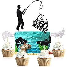 6pcs fishing cake topper Cheers to 60 Years,Happy 60th birthday cake topper,Fishing theme birthday party cake decorationsBlack and silver