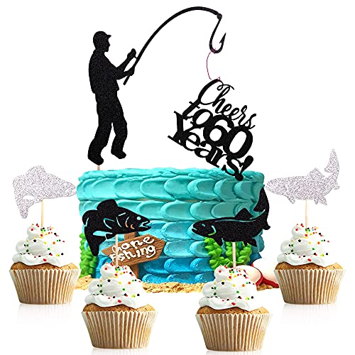 6pcs fishing cake topper Cheers to 60 Years,Happy 60th birthday cake topper,Fishing theme birthday party cake decorations（Black and silver） by LVEUD - Used condition - US$6.76