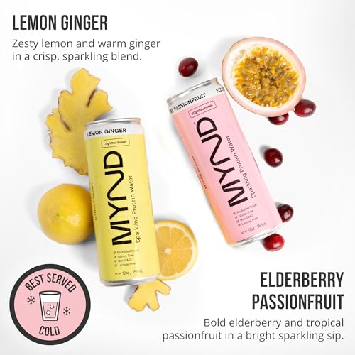 Image of MYND Sparkling Protein Water, Clear Protein Drink - 20g Whey Protein Isolate Per Can, 24 Pack - Lactose Free, Gluten Free, No Added Sugar - Ready-to-Drink Carbonated Protein Drinks - Variety Pack