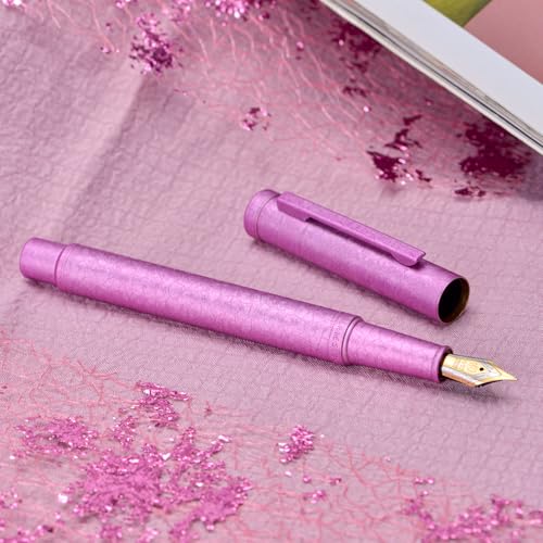Image of Hongdian 1851 Forest Fountain Pen Pink Ice Flowers, Bent Nib Classic Design with Converter and Metal Pen Case