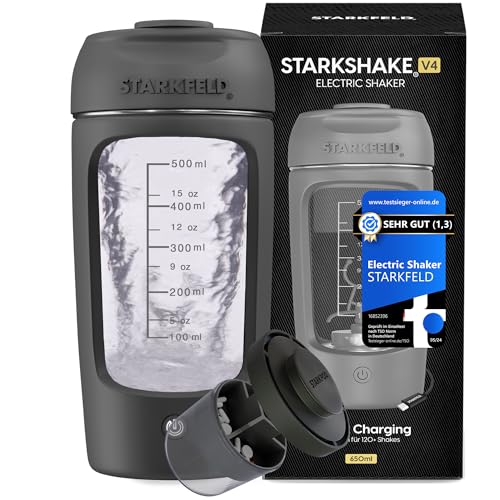 STARKSHAKE V4 ausgezeichnet als bester elektrischer Shaker vom F.A.Z.-Verlag (2025) | Elektrischer Protein Shaker für cremige Eiweiß Shakes | 8000 UPM | USB-C | 120+ Shakes | inkl. STARKPOD | GRAU