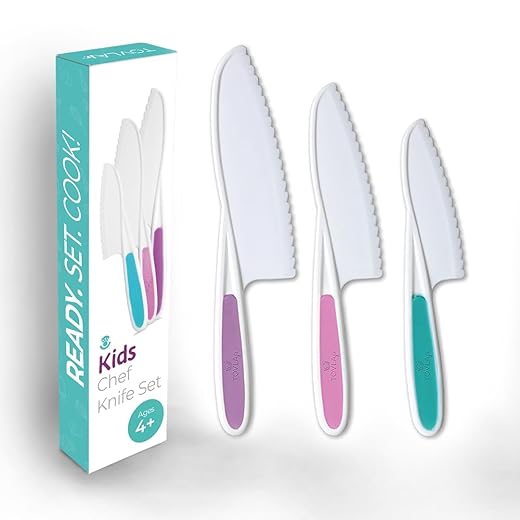 Tovla Jr. Knives for Kids 3-Piece Kitchen Baking Knife Set: Montessori Children's Real Cooking Knives in 3 Sizes & Colors/Firm Grip, Serrated Edges, BPA-Free Kids' Toddler Knives (colors vary)