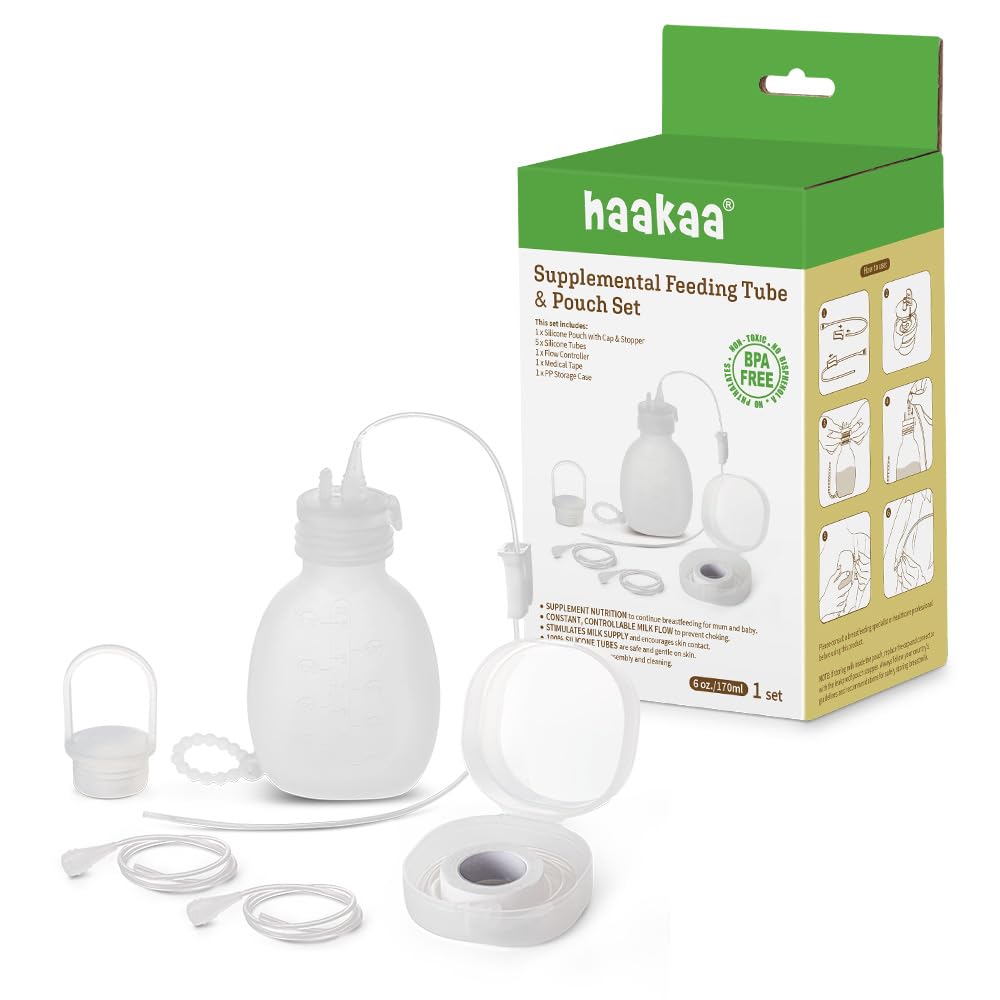 haakaa Supplemental Feeding Tube & Pouch Set, Baby Supplemental Nursing System, SNS Breastfeeding System, Food Grade Silicone, New Upgraded Design with Dual Tube Flow Control