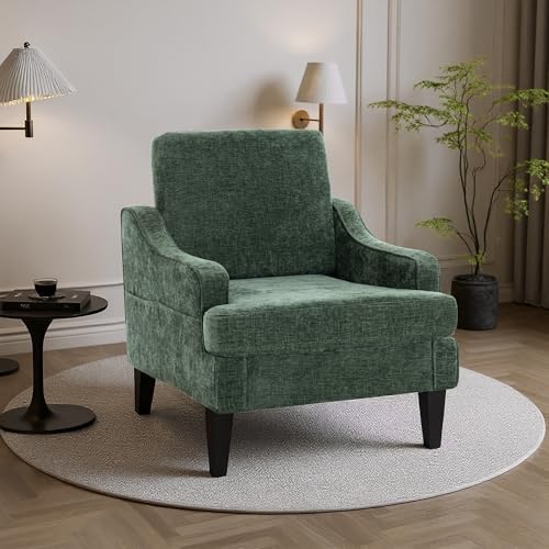 Image of Accent Chair for Living Room,Mid-Century Arm Chair Chenille Fabric Living Room Chairs,Upholstered Reading Chair for Bedroom,Single Sofa Chair with Wood Legs for Apartment (Green)