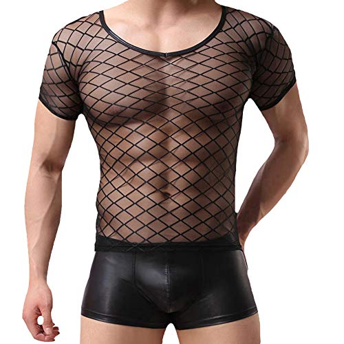 Tenchif Hombres a través de Fishnet Clubwear Camiseta de Manga Corta Camiseta Cover