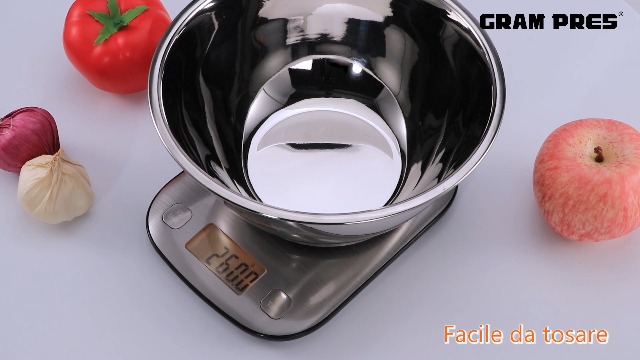 Greater Goods Bilancia Digitale Per Alimenti Con Ciotola - Acciaio Inox, 5 Kg, Funzione Tara, Display LCD, 4 Unità