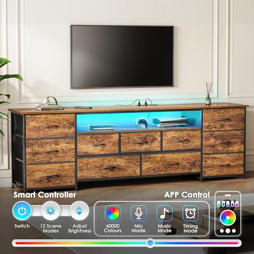 Huuger 70 Inch TV Stand for 75, 80 Inch TV, 11 Drawer Long Dresser with Power Outlets and LED Lights, Entertainment Center with Storage, Rustic Brown Dresser with PU Leather Surface