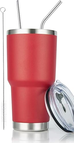 DS Vaso rojo de 30 onzas con aislamiento al vacío de doble pared de acero inoxidable con popote y tapa, cepillo de limpieza para bebidas frías y
