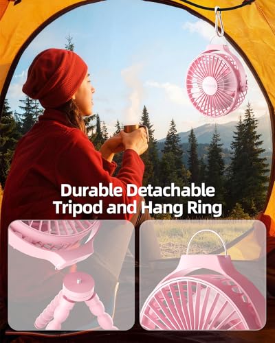 Image of Portable Stroller Fan Rechargeable USB Personal Clip On Fans, 360 Rotate 3 Speeds Detachable Flexible Tripod Small Mini Handheld Desk Fan Pink