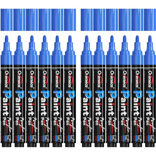 Overseas Marcadores de pintura azules, marcadores acrílicos permanentes, paquete de 12 unidades, a base de agua, secado rápido, impermeables, para roca, madera, plástico, metal, lienzo, vidrio, tela,
