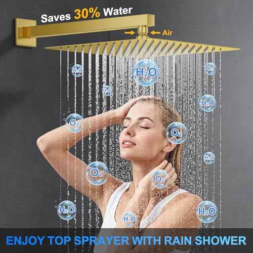 Image of Woindo Shower Faucet Set, 12 inch Wall Mount Rainfall Shower System with 2 Rain Shower Head and Multi-function Handheld Head Push Button Diverter Shower Faucet Trim Kit