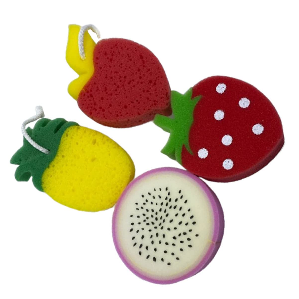 Healeved 4Pcs Bath Sponge Cartoon Fruit Shape Bath Balls for Gentle Body Scrubbing Fun Bathing Experience for Boy Girl and Soft Bath Brushes for Exfoliating and Cleansing