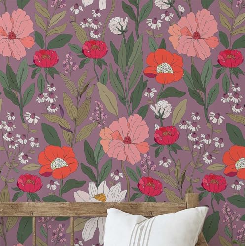 S4Sassy Removable Nature-Inspired Waterproof Wall Wrap, Textured Finish Wallcover, Blooming Garden Flower Contact Paper for Walls, Cabinet, Dresser, Self Adhesive Vinyl Wallpaper Roll- Purple-25 x60