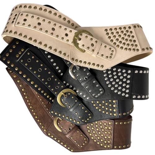 Women's Wide Corset Belt with Studs and Buckles - Chunky Brown Leather Waist Cincher for Statement Outfits2