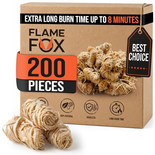 FlameFox Fire Starters 200 pcs Natural Wood Wool Tumbleweed Fire Starter Odorless Long Burning and Eco Friendly Firestarters for Fireplace Campfire Grill BBQ Charcoal Wood Stove & Fire Pit
