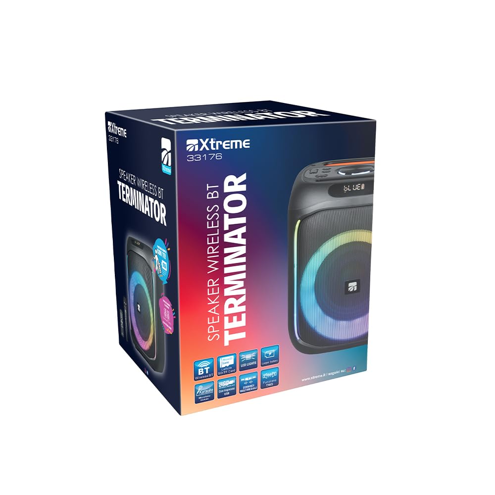 Xtreme - Cassa Speakers Potente Wireless BT Terminator Portatile in ABS Funzione TWS Illuminazione LED Monitor attivo 40W con Microfono e Telecomando 30 X 24 cm Karaoke