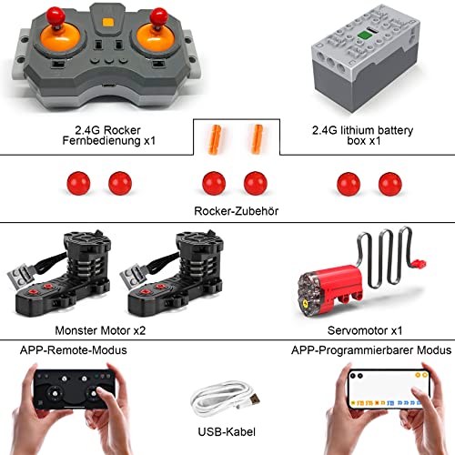 WANCHENG Technik motoren Set, mit 2 Monster Motor, 1 Servomotor, Wiederaufladbarer Rocker Fernbedienung und Batteriebox… – Bild 3