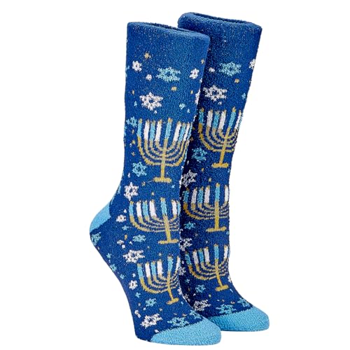 Image of Menorah Hanukkah Fuzzy Socks - Cozy Winter Holiday Crew Socks Unisex Size 10-13 - Soft Festive Blue Menorah Design with Snowflakes - Perfect Warm Gift for Chanukah Celebration