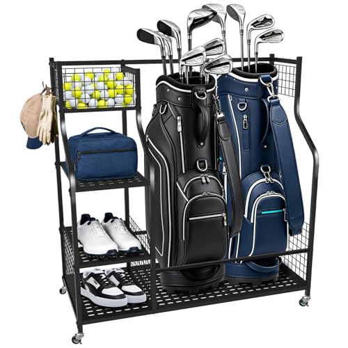 Golf Bag Storage Organizer Rack for Garage for Golf Bag & Clubs | 300LBS Max Capacity, Built-in Lockable Wheels & 2 Hooks, Fit 2 Golf Bags for Garage, Home, Club & Basement