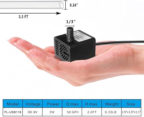 Miniatura 4 de PULACO DC 5V USB Mini bomba de agua sumergible con tubo para fuente de mascotas, tanque de peces de acuario, estanque, fuente, hidroponía