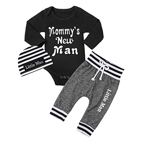 Image of Fommy Newborn Baby Boy Clothes New to The Crew Letter Print Romper+ Pants+Hat 3PCS Outfit
