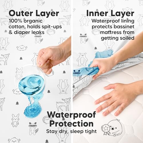 Image of 2-pk Waterproof Bassinet Sheets Girls, Boys, Cotton - 33x17 Universal Bassinet Mattress Pad Protector Cover, Compatible with Graco,Baby Delight,Chicco,Halo Bassinest Swivel Sleeper Fitted (Woodland)