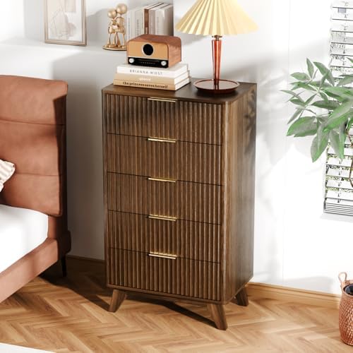 VINGLI Fluted Tall Dresser 5 Drawer, 23.66" W Chest of Drawers, W...