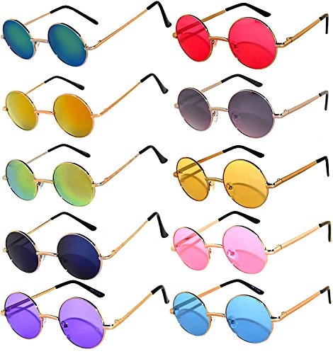 Round Retro Vintage Mirror Lens Gradient Lens Sunglasses Metal Frame 10 Pack Mix – Red Yellow Blue Green Pink Purple Smoke OWL