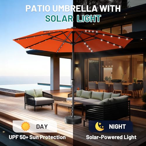 Image of AreShark 11FT Large Patio Umbrella with Solar Lights, Lighted Solar Umbrella with Crank, Outdoor Table Market Umbrellas for Garden, Deck, Backyard, Pool and Beach, Orange