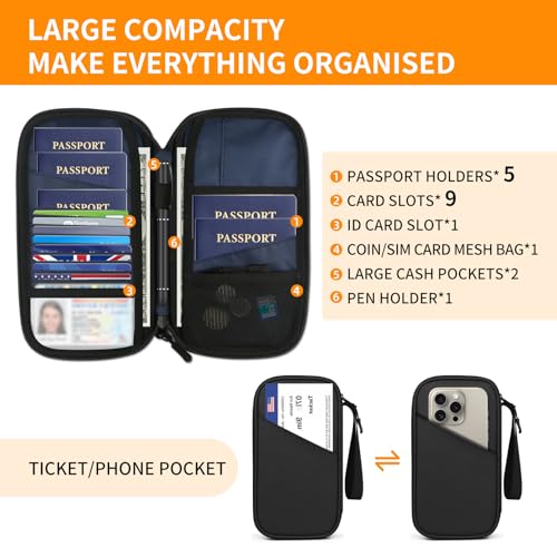 Family Passport Holder for 4,5, Large Rfid Blocking Passport Holder Wallet, Travel Document Organizer Waterproof with 9 Credit Cards Slots for Men & Women (Large, Black)2