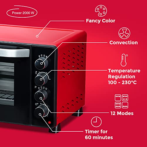 Mini-oven, elektrisch, convectie, roest, staande oven, draaispies, binnenverlichting, dubbele beglazing, capaciteit 38 liter, 2000 W, 12 kookcombinaties, rood - Afbeelding 6