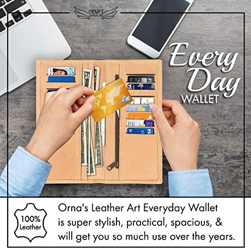ORNA'S LEATHER ART GOLDFINCH SAND WALLET: Women’s Tan Billfold, Stylish, Handcrafted, Real Cowhide, Spacious, 18 Card Holders, 6 Money Pockets, Strap4