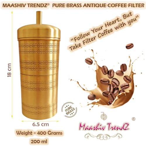 Image of Pure Brass Antique Coffee Filter /South Indian Traditional Coffee Filter /Etched Brass South Indian Coffee Filter /Embellished Heavy Duty Coffee Filter with Elegant Matt Finish