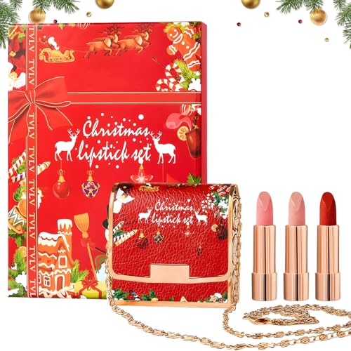 Miioto Navidad Pintalabios, Navidad Set Pintalabios, Barra de Labios Permanente, con Cadena de Bolso Roja, Impermeable, Vaso Antiadherente, de Larga Duración, Retráctil, 3 Labiales Rojos
