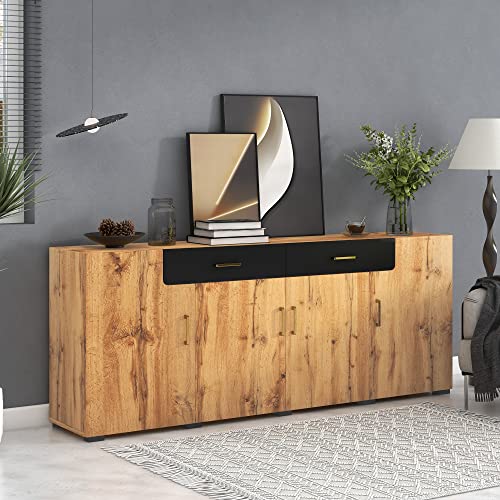 Enfilade 208x39x80 cm Commode avec 4 Portes 2 tiroirs buffets pour Chambre Salon Salle à Manger Cuisine Meuble Bas Buffet Armoire de Rangement Marron