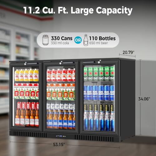 Image of Back Bar Cooler with 3 Glass Door, 11.2 Cu.Ft Commercial Beverage Fridge, Under Counter Display Refrigerator with Safety Lock for Beer, Soda, Wine, Built-In /Freestanding for Bar Store Restaurant