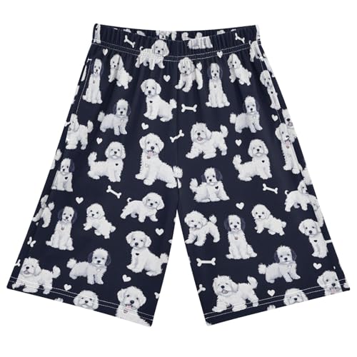 White Puppies Bones Sleep Shorts Summer Pajama Shorts Elastic Waist Sleep Bottoms with Pockets 6-14 Years