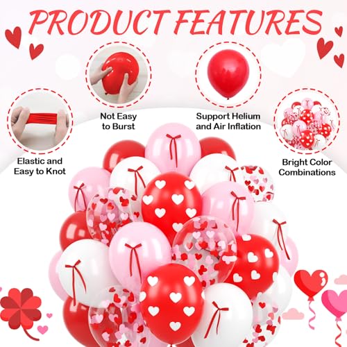 Image of 60 Pcs Pink and Red Balloons, 12 Inch Red Heart Printed Latex Balloon, Pastel Pink White Helium Balloons with Bow Ribbon, for Valentine's Day Wedding Anniversary Baby Shower Birthday Party Decoration