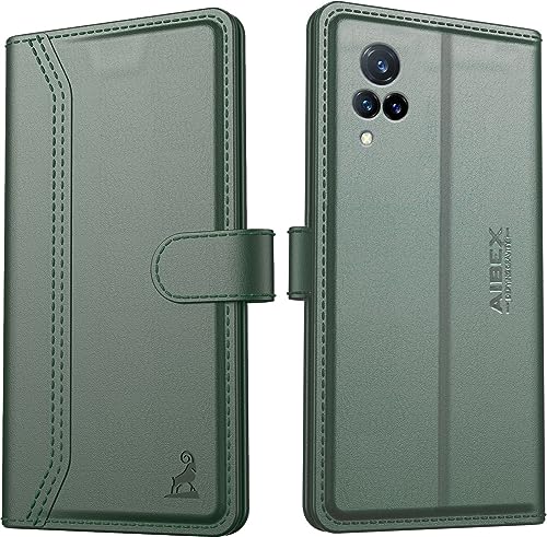 Image of AIBEX Compatible for Vivo V21 5G Flip Cover Leather Finish | Inside TPU with Card Pockets | Wallet Stand | Complete Protection Flip Case - Green
