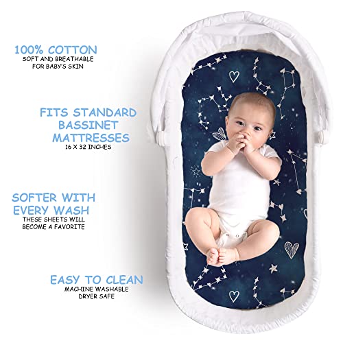 Image of JumpOff Jo - 2-Pack Hypoallergenic Fitted Bassinet Sheet for Baby Boys & Girls - Rectangular, Hourglass & Oval Crib Compatible, Soft, Breathable, Machine Washable (Galaxy and Mama Bear)