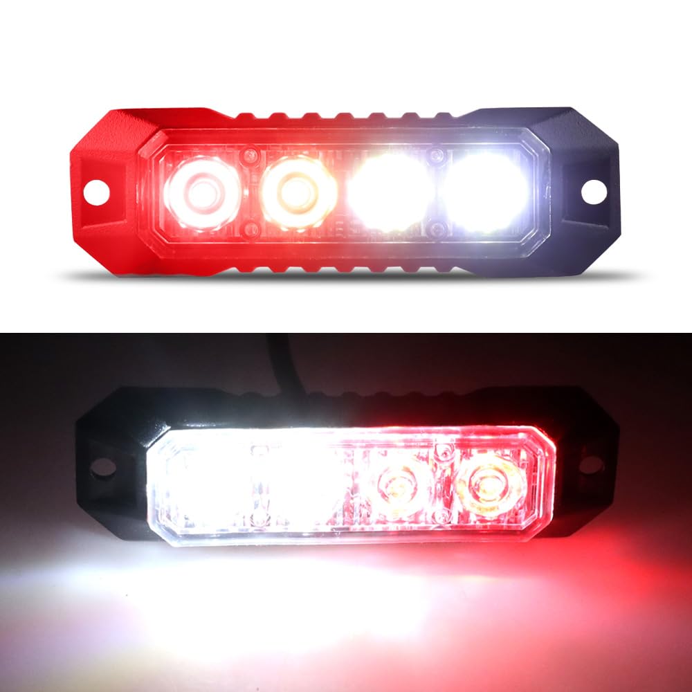 LED Emergency Strobe Flashing Grille Strobe Lights for Trucks 4LED Surface Mount Strobe Warning Emergency Flashing Red&White Light For Car Truck Van Off Road Vehicle ATV SUV