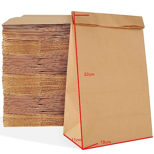 MIVIDE 100PCS 18x11x32CM Brown Paper Bags for Bread, Kraft Paper Bags No Handles, Paper Bag for Food, Sandwich, Lunch