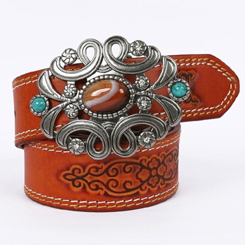 Women's Western Belt - Vintage Embossed Leather Strap, Turquoise Stone Embellished Hollow Flower Buckle4