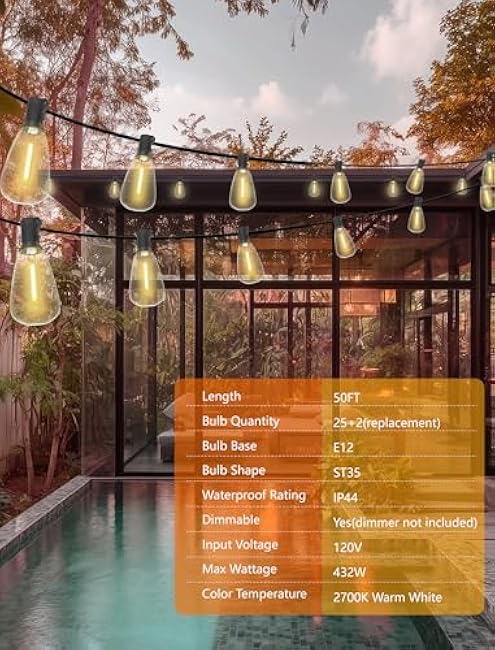 Outdoor String Lights 50FT Patio Lights with 25 Shatterproof, String Lights Outdoor Waterproof with ST35 LED Vintage Edison Bulbs, Hanging Light for Outside Backyard Garden