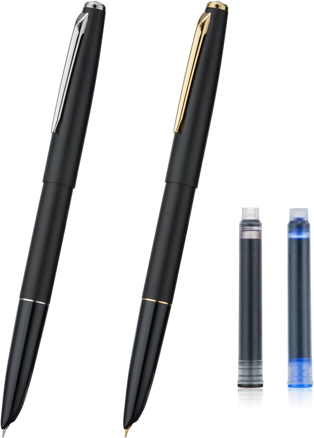 Jinhao 911 Fountain Pen Extra Fine Nib, Matte Black with Gold & Silver Trim, Lightweight and Durable, Includes Ink Cartridges & Converters, Smooth Writing Pen (2 PCS)