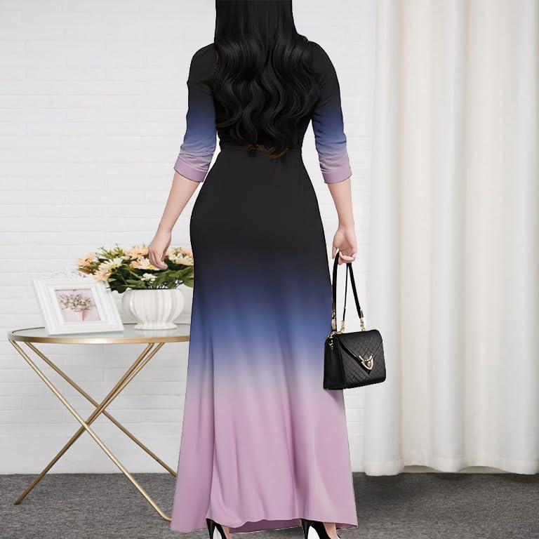 Image of CaniBtr Maxi Dresses for Women Plus Size 3 /4 Sleeve Long Dress with Belt | Versatile plus-size maxi dress,wrap v-neck + waist tie craft soft glamorous looks easily for everyday casual outings