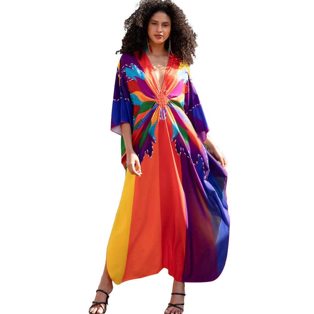 XIVISTO Kaftan Mujer Largo Vestido de Playa Maxi Pareos Bohemio Verano Traje de baño Cubrir Talla Grande