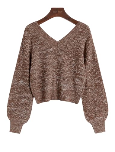 Image of ZAFUL Women's Cropped Sweater V-Neck Long Sleeve Pullover Jumper Knit Top