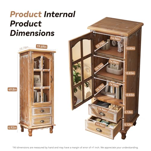 Image of Tall Storage Cabinet with Glass Door & 2 Drawers - Vintage Wood Display Cabinet, Single Door Cabinet with Shelves, Wood Storage Cabinet for Living Room (Solid Wood Frame + MDF)
